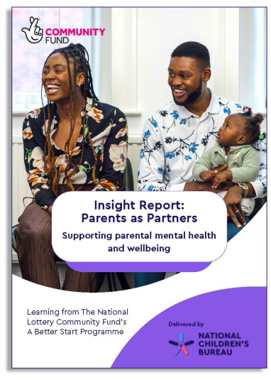 Insights report cover with photo of dad holding baby and mum sitting in a community setting smiling