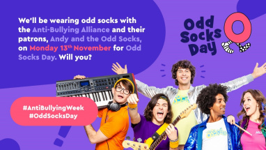 A colourful graphic featuring Anti-Bulling Alliance patron Andy Day, and his band Andy and the Odd Socks.
