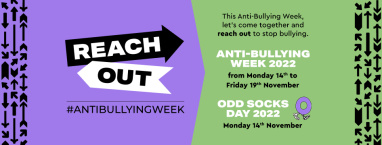 A graphic reading 'reach out' with details of Anti-Bullying Week 2022.