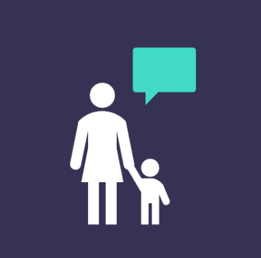 An icon of an adult holding the hand of a child with a speech bubble above the adult.