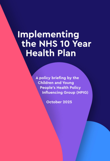 A report cover with blue, purple and pink background and text on the front