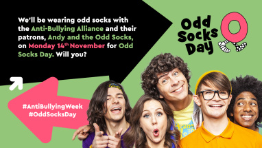 A grphic with featuring Odd Socks Day for Anti-Bullying Week with Andy and the Odd Socks