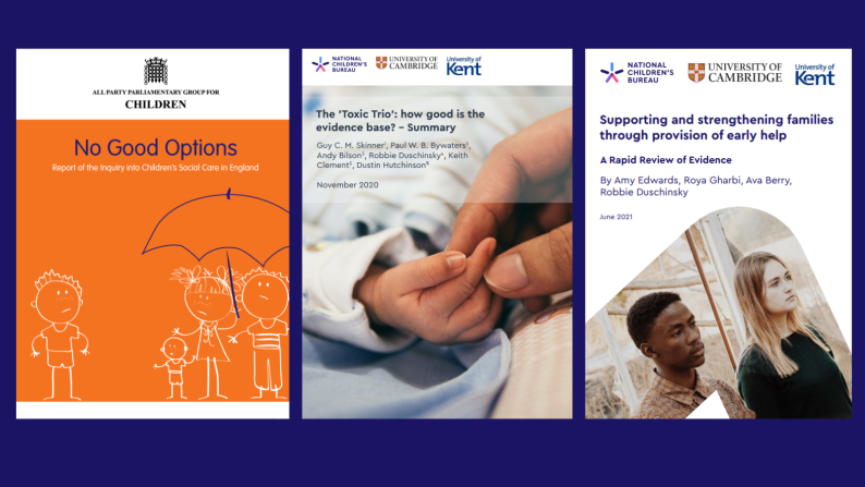 Three report front covers with titles and logo's