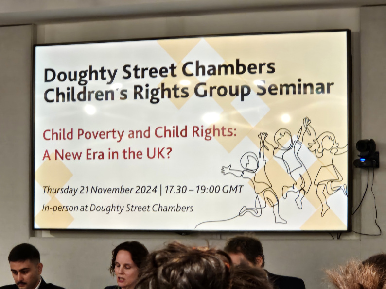 First slide of a presentation explaining the event is a Doughty Street Chambers seminar on child poverty and children's rights