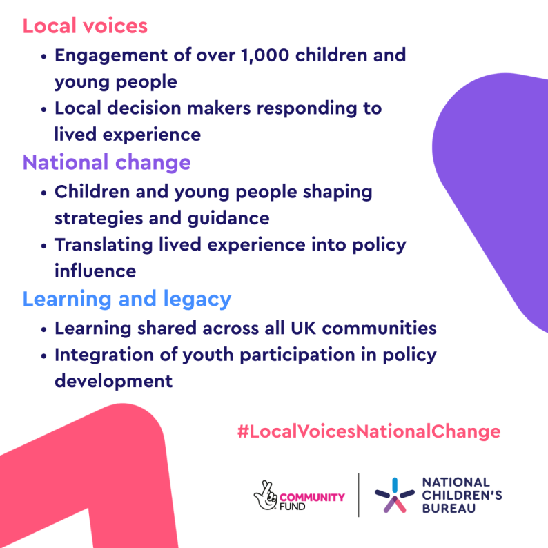 Infographic summarising key aims of Local Voices National Change project