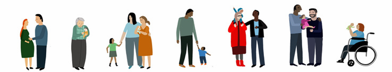 Illustration with lineup of diverse range of families with babies and young children