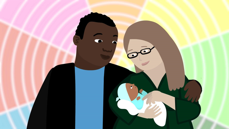 Illustration of dad and mum holding baby against colourful background