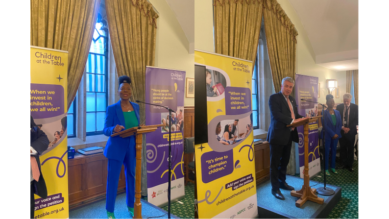 Image on the left is Floella Benjamin speaking at the event, on the right is Tim Loughton MP speaking at the event