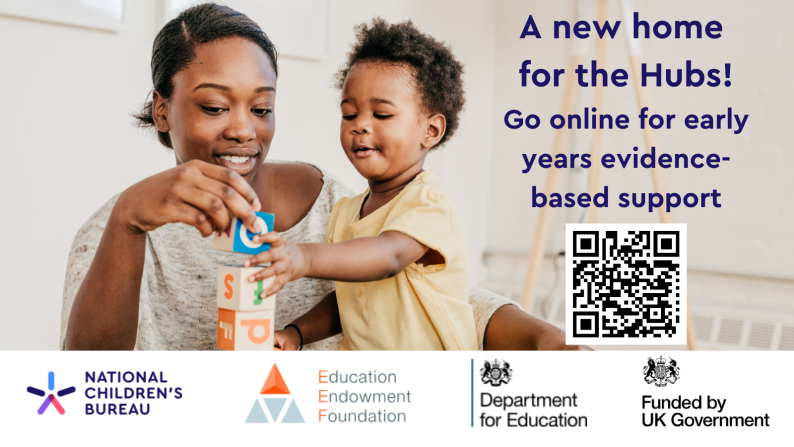 Woman and child playing with message about a new website for early years practitioners